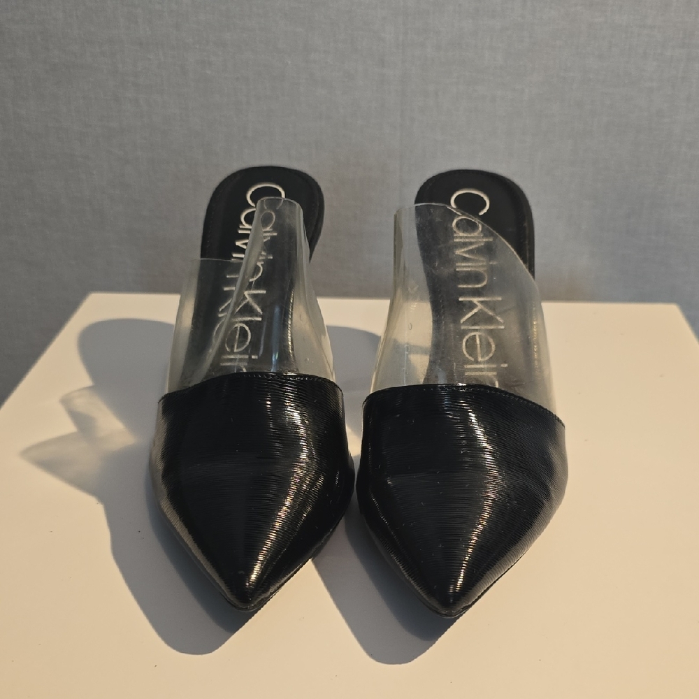 Calvin Klein Black Pointed Slip-On Mules with Clear Band